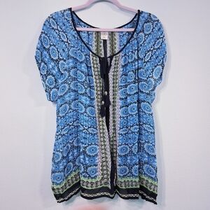 Bila Top Short Sleeve Blue Pattern Bow And Tassel Tie Front Lightweight Xxl